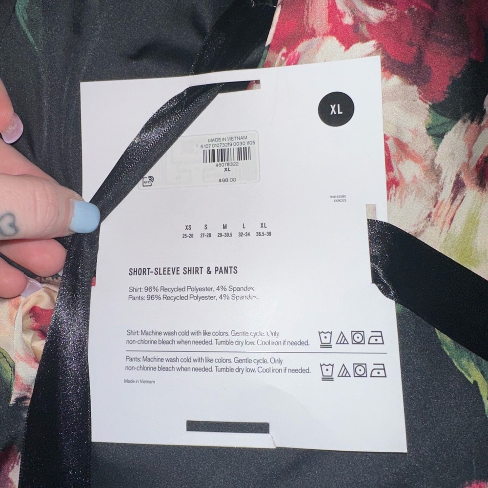 Express Women’s Silk Pajama Set - Short Sleeve & Long Pants- Pink & Black Floral